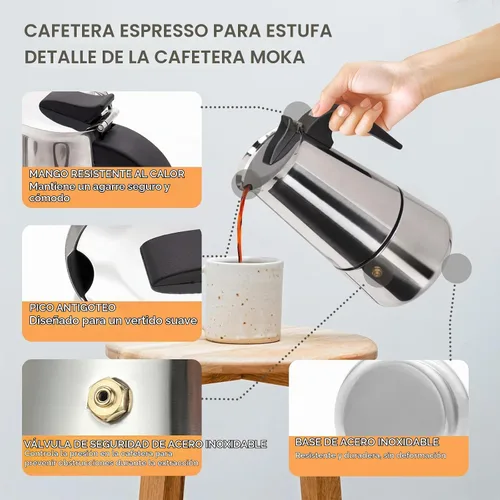Vista 4 de Olla de Moka de 2 Tazas 100ml, Cafetera de Espresso de Acero Inoxidable, Cafetera de Percolador para Estufa, Cafetera Italiana de Estilo Clásico
