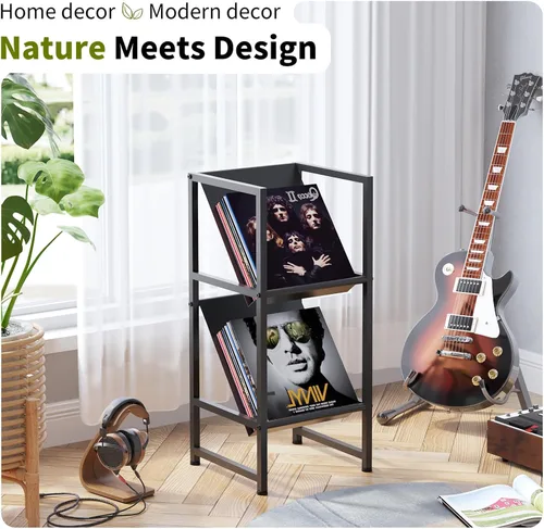Vista 3 de Soporte de almacenamiento de discos de vinilo de metal negro de 2 niveles para colección Conceptual Design, Sturdy Black Metal Frame, 2-Tier