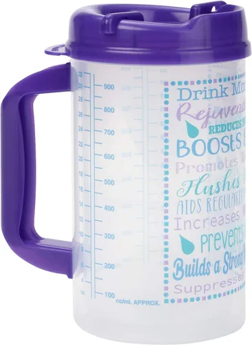 Vista 2 de Vaso de hospital con seguimiento de agua de bebida para medición diaria de ingesta con pajilla, taza de 32 onzas con tapa (morado)