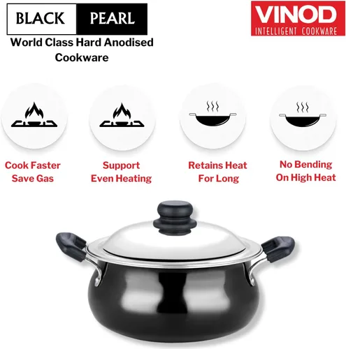 Vista 3 de Vinod Handi anodizado duro – Tapa de acero inoxidable – Tamaño pequeño – 3.8 litros (4 cuartos de galón) – Adecuado para Biryani, Pulao, Salsas