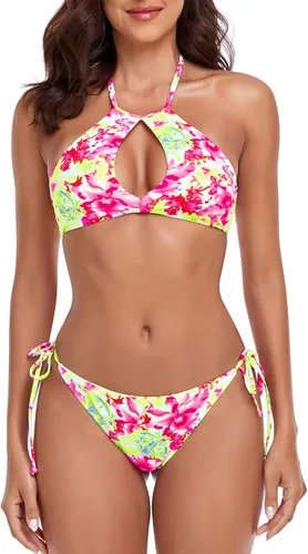 Vista 4 de RELLECIGA Conjunto de bikini halter con cuello alto y abertura para mujer