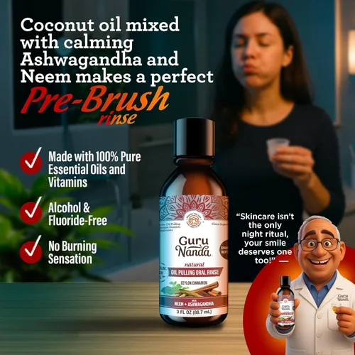 Vista 2 de GuruNanda Enjuague bucal de tamaño de viaje con aceite de canela, promueve la calma, con neem y ashwagandha para un aliento fresco y encías felices