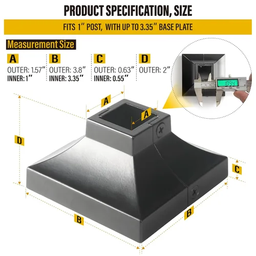 Vista 3 de 1 pieza Base de poste de cubierta de 2,5 cm de aluminio, falda de poste, pasamanos, escalera, base de barandilla de terraza y porche (negro)