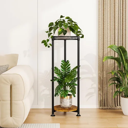 Vista 7 de Soporte negro de 2 niveles para plantas en interiores, 30 pulgadas de alto, estante de esquina de metal resistente para plantas estrechas para piso