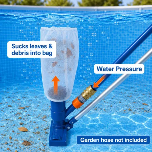 Vista 4 de Aspiradora de chorro de piscina mejorada con cepillo y poste de 56 pulgadas, para piscina sobre el suelo/inflable, bañera de hidromasaje, estanque