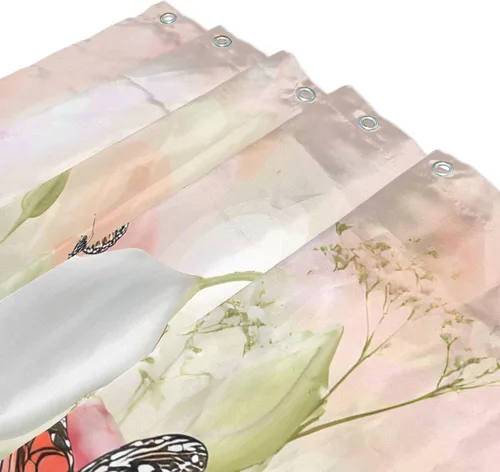 Vista 3 de MNSRUU Fabric Shower Curtain, Flowers and Butterflies Pink Waterproof Polyester Curtains with Hooks for Home Bathroom Decorative