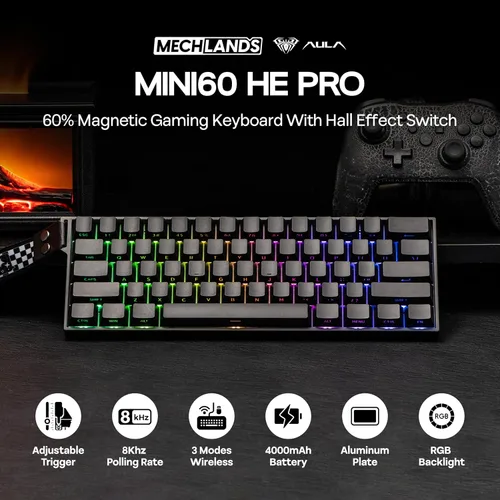 Vista 2 de MechLands Aula Mini60 HE PRO Wireless Hall Effect Gaming Keyboard, 4000mAh, SOCD & DKS, Magnetic Keyboard with Fast Trigger, Adjustable Actuation