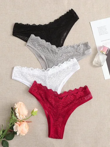 Vista 5 de MakeMeChic Conjunto de 4 tangas de encaje para mujer, de talle medio, con ribete festoneado