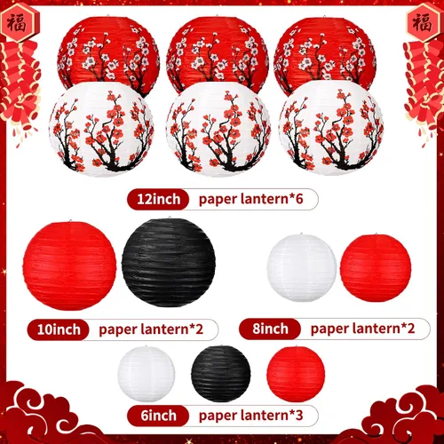 Vista 3 de 13 faroles de papel chinos japoneses con flor de cerezo rojo, farol colgante decorativo Hibachi, decoraciones de fiesta para Año Nuevo chino, hogar