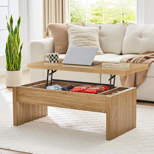 Vista 12 de Mesa de Centro Pequeña con Tapa Elevable, Mesa de Centro Rectangular de Madera con Tapa Elevable y Compartimento de Almacenamiento Oculto, Mesas