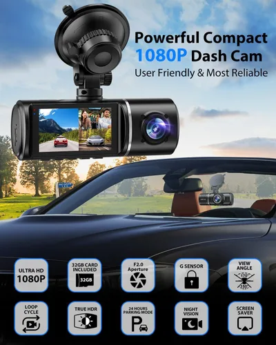 Vista 3 de Cámara de tablero frontal y trasera, cámara de tablero 1080P para automóviles, cámara de automóvil de 3 canales frontal trasera e