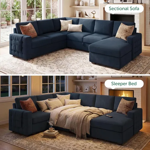 Vista 3 de HONBAY Sofá cama modular con cama extraíble, sofá seccional en forma de U, cama con diván de almacenamiento, sala de estar, sofá modular de 6 Azul