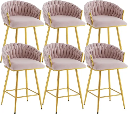 Vista 35 de Taburetes de bar giratorios de altura de mostrador, juego de 2 taburetes de bar modernos de terciopelo, sillas de bar tapizadas con respaldo tejido