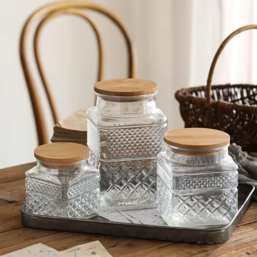 Vista 9 de Recipientes de vidrio para alimentos con tapas herméticas de bambú para dulces, aperitivos, café, galletas, frascos de vidrio, recipientes