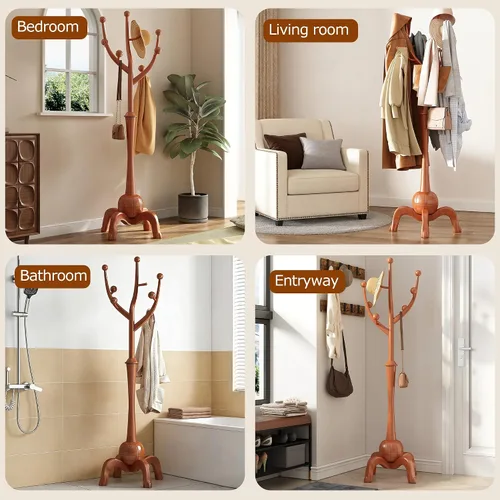 Vista 7 de Perchero independiente de madera con 8 ganchos de madera para sombrero, abrigo de árbol con base de esfera resistente y ganchos de ramas de árbol
