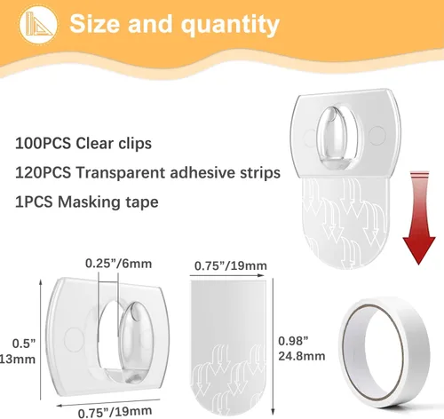 Vista 3 de 100 clips + 120 tiras adhesivas, mini clips de luz transparentes, ganchos de tiras, pequeños ganchos autoadhesivos, decoración