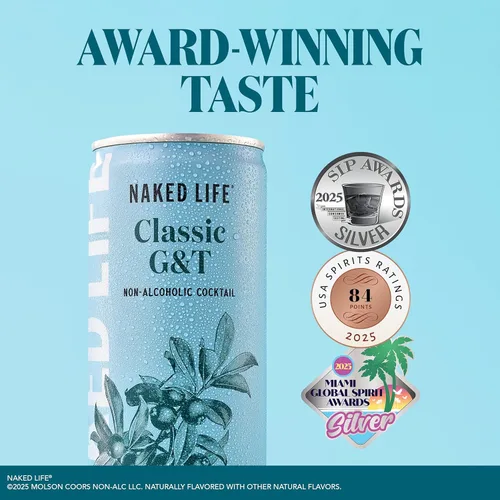 Vista 5 de Naked Life Bebidas sin alcohol, Classic G&T - Licores sin alcohol bajos en calorías con cero azúcar - Latas de 8.4 onzas líquidas, paquete de 4