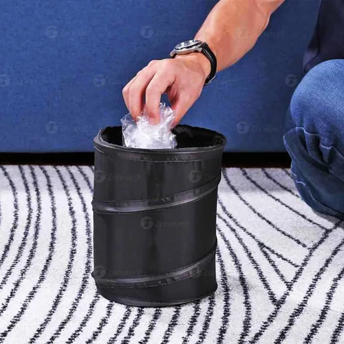 Vista 7 de ZONETECH Paquete de 2 basureros portátiles universales para automóvil, color negro, plegable, a prueba de fugas, para basura para organizar el auto