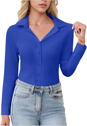 Vista 12 de Womens Stretch Button Down Shirts Slim Fit Long Sleeve Dress Shirt Wrinkle Free Collared Business Work Casual Blouse