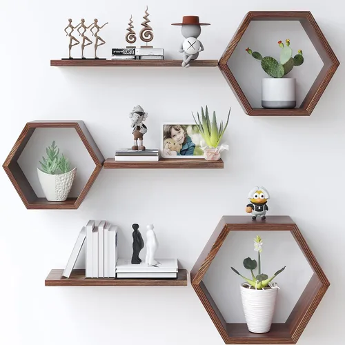 Vista 15 de Estantes flotantes hexagonales de madera para montar en la pared, juego de 6 estantes hexagonales de madera de pino para fotos, plantas, estantes