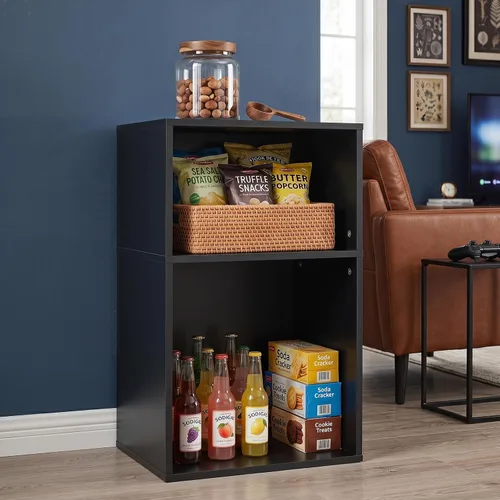 Vista 2 de YAHARBO Estantería de 2 cubos, soporte para tocadiscos negro con almacenamiento de vinilo de hasta 100 álbumes, estante horizontal para libros