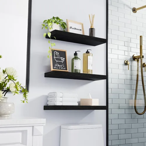 Vista 2 de BAYKA Estantes flotantes para pared, estantes de madera rústica montados en la pared para baño, dormitorio, sala de estar, cocina, estante colgante