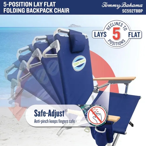 Vista 4 de [Usado] Tommy Bahama - Silla plegable clásica para playa con 5 posiciones y mochila, rayas azules y verdes, 23 x 25.25 x 31.5 pulgadas