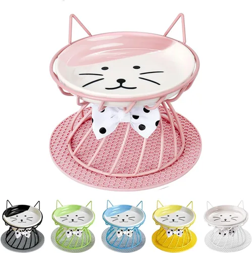Vista 11 de Plato elevado de comida para gatos, cerámica, soporte antideslizante, estación de alimentación elevada, 5 pulgadas, poco profundo para bigotes, apto