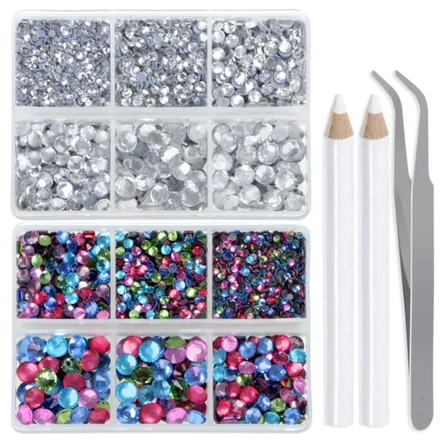 Vista 10 de LPBeads 6400 unidades de diamantes termoadhesivos de 12 colores con parte trasera plana, 5 tamaños mixtos, gemas de cristal redondas con pinzas