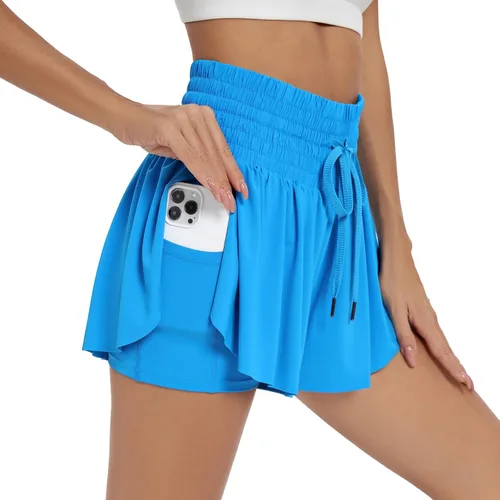 Vista 4 de Blaosn Pantalones cortos deportivos fluidos para mujer, entrenamiento, correr, gimnasio, yoga, cintura alta con bolsillos, pantalones cortos
