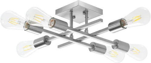 Vista 8 de Lámpara de techo semiempotrada de 6 luces, níquel cepillado industrial cerca del techo, moderna base E26 Sputnik lámpara de techo para cocina