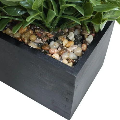 Vista 2 de Winlyn Planta de boj artificial de 14 pulgadas, arreglo de vegetación de boj sintético en negro, maceta rectangular de madera en maceta, planta