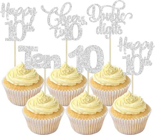 Vista 25 de Paquete de 30 adornos para cupcakes con purpurina de doble dígito para cumpleaños de 10 años, para cumpleaños, aniversario, fiesta, suministros