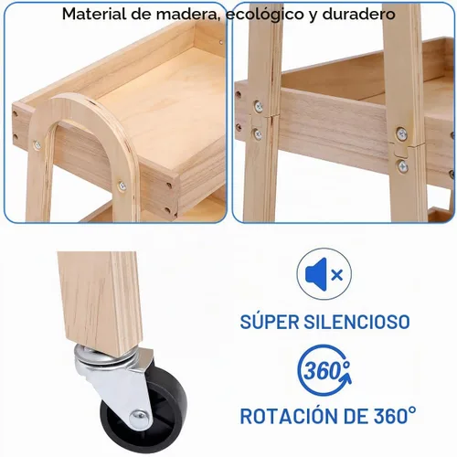 Vista 4 de Carrito de artesanía con ruedas de 3 niveles, madera de color claro, resistente, impermeable, con ruedas, para cocina, baño, lavandería