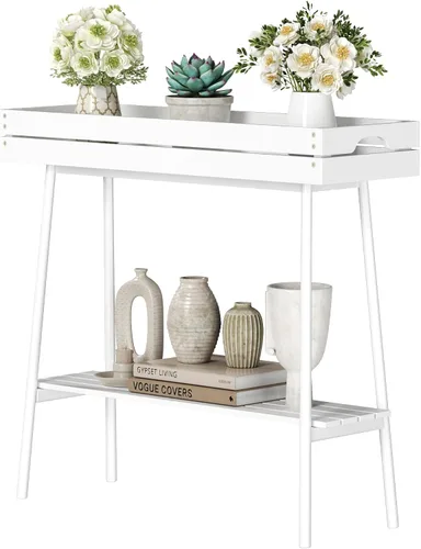 Vista 12 de BAMBANG Soporte de bambú para plantas de interior, mesa pequeña de 2 niveles, soporte alto para plantas de interior, estante para plantas