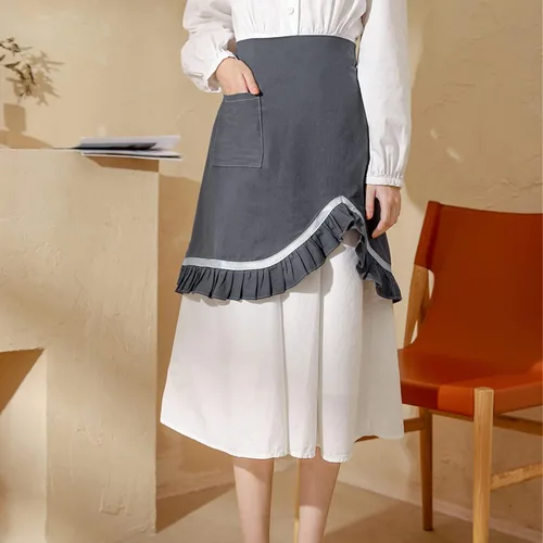Vista 3 de Delantal retro para mujer, con volantes, estilo vintage, con bolsillo, para chef, cafetería, camarero, cocina, cocina