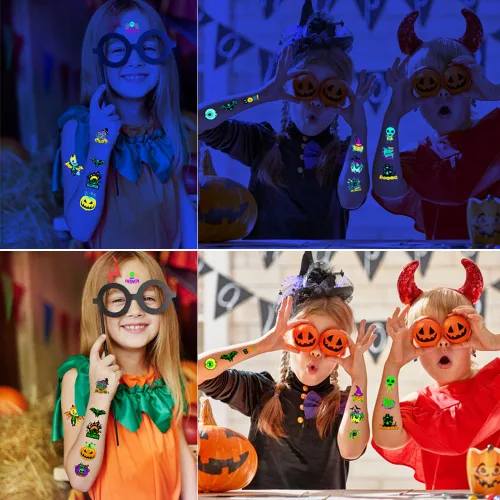 Vista 3 de 10 hojas de tatuajes temporales de neón de Halloween que brillan bajo los rayos UV, más de 95 estilos, impermeables, para fiestas de niños, niños