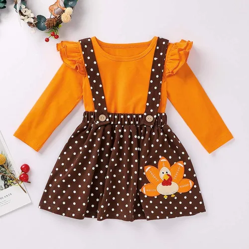 Vista 2 de Xfglck Conjunto de ropa de Acción de Gracias para niños y niñas pequeñas, blusa de pavo con volantes y falda con tirantes