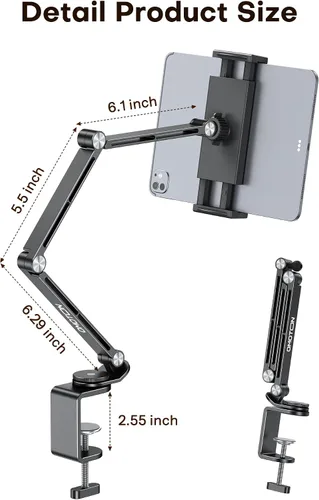 Vista 5 de OMOTON GH03 - Soporte para tablet con rotación de 360°, soporte de teléfono de brazo largo de aleación de aluminio GH03 con 2 abrazaderas de Negro