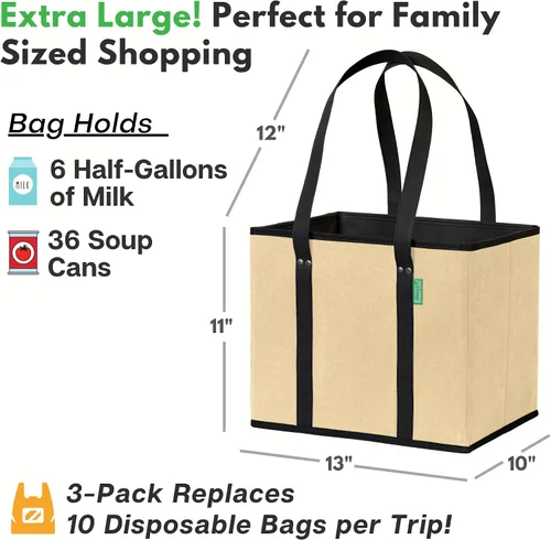 Vista 4 de Creative Green Life Bolsas de comestibles reutilizables (paquete de 3) – Bolsas de compras reutilizables resistentes, Beige, XL