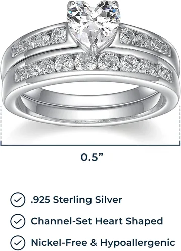 Vista 3 de Juego de anillo de compromiso y alianza de boda chapado en platino de plata de ley 925 con forma de corazón y circonitas cúbicas