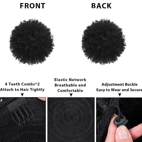 Vista 4 de Extensión de cola de caballo rizada con cordón para mujeres negras, extensiones de cabello sintético corto afro kinkys rizado con dos clips (1#)