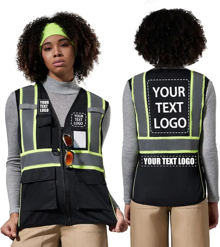 Vista 25 de AYKRM Chaleco de Seguridad de Construcción Personalizado con Logotipo Impreso de Alta Visibilidad Reflectante de 2 Tonos