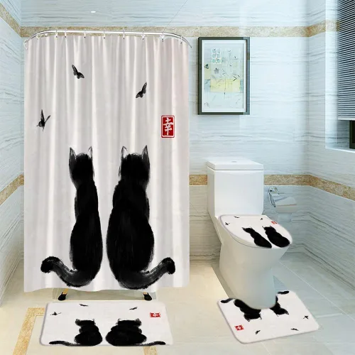 Vista 2 de Juego de 4 cortinas de ducha asiáticas japonesas para baño, gato asiático, divertido, retro, chino, tradicional, pintura de tinta, arte de mariposa
