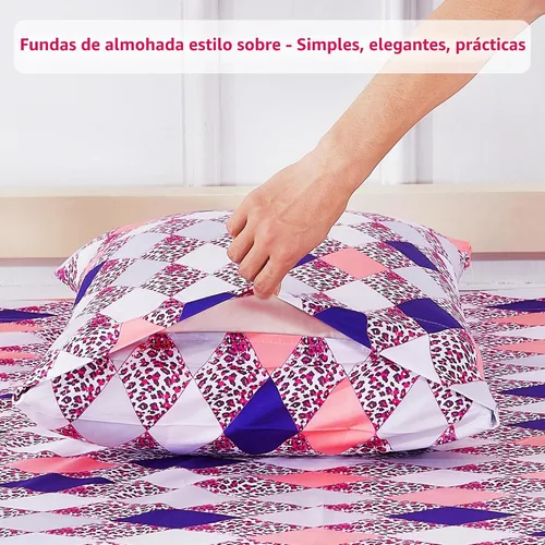 Vista 6 de Softan Juego de sábanas tamaño matrimonial con estampado geométrico de rombos y leopardo, sábanas bajeras de microfibra con bolsillo profundo de 15