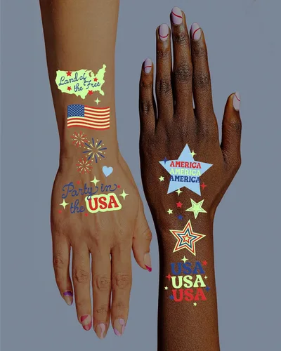 Vista 5 de xo, Fetti Tatuajes del 4 de julio - 54 diseños que brillan en la oscuridad Decoración patriótica para fiestas, rojo, blanco y azul, bandera