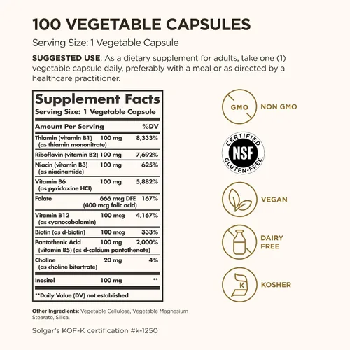 Vista 2 de Solgar B-Complex Cápsulas de 100 Vegetable Promueve el metabolismo Energía, E1150, 1, 1