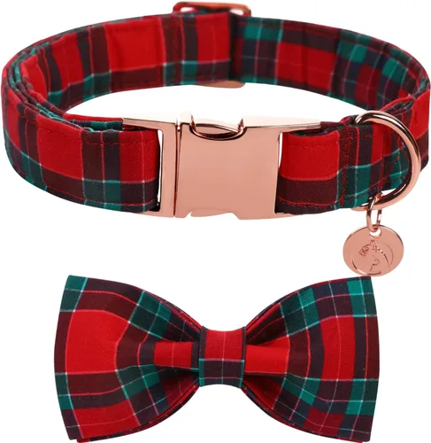 Vista 9 de Collar de Navidad para perro con pajarita, collar de perro de copo de nieve con tira roja y verde, suave, duradero, ajustable, de algodón