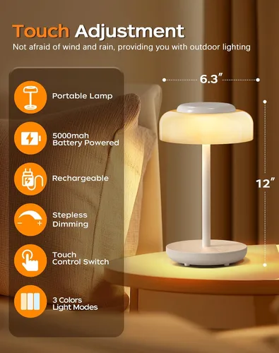 Vista 6 de QiMH Lámpara de mesa LED operada con pilas, juego de 2 lámparas inalámbricas recargables de 5000mAh, control táctil regulable sin pasos, pequeña luz
