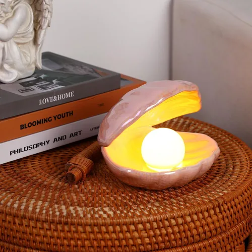Vista 9 de DECHOUS Shell Pearl Night Light: LED cerámica rosa perla Shell luz escritorio mesita de noche lámpara de concha para dormitorio habitación de niños